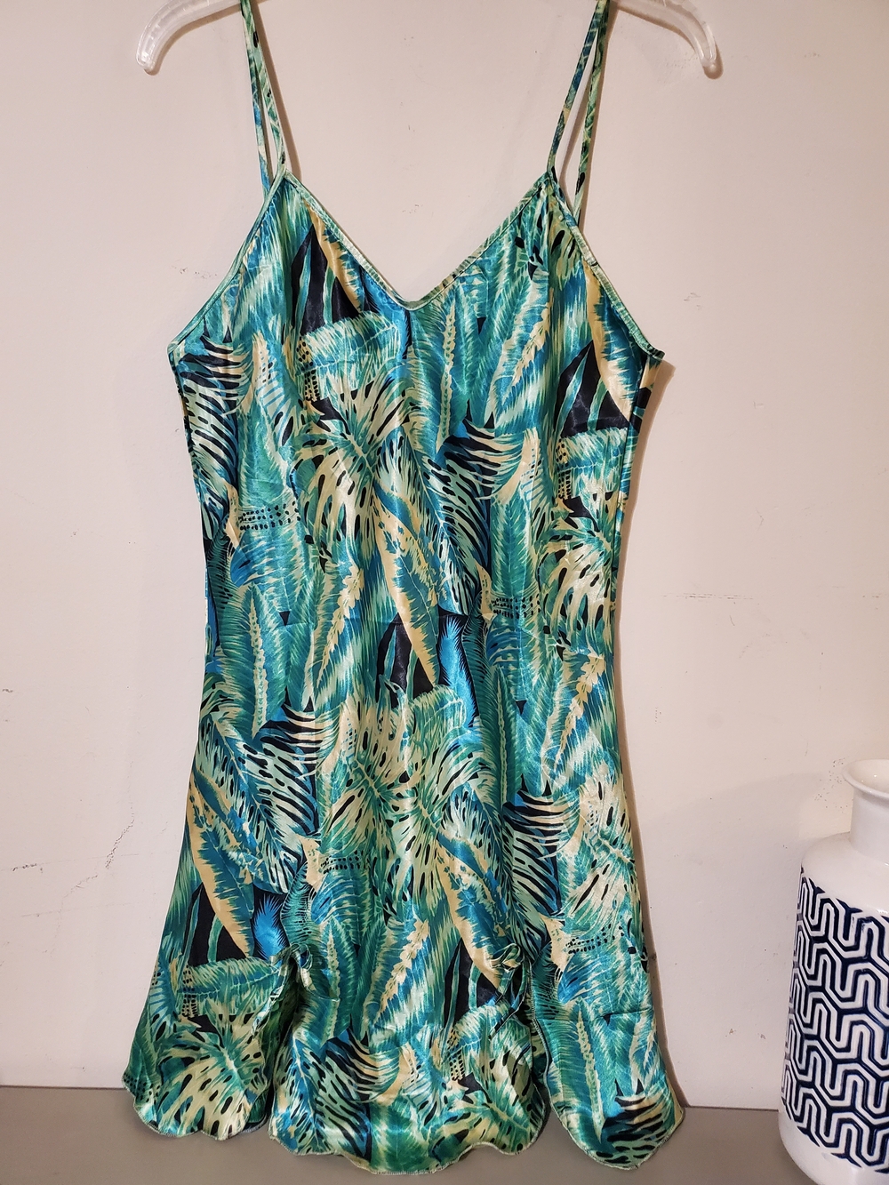 Y2k 90s Tropical Leaf Print Blue Green Slip Dress Resortwear Vacay